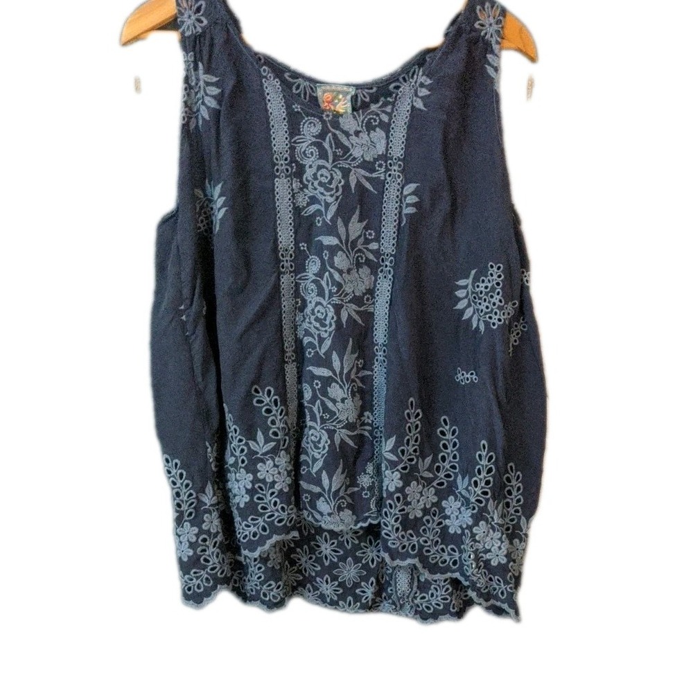 Johnny Was Navy Blue Floral Embroidered Tank Top - Picture 8 of 13